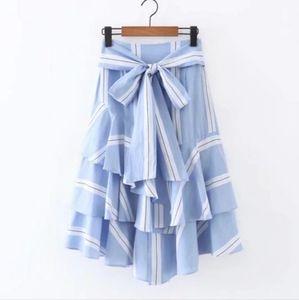 Asymmetrical ruffle skirt in blue, white and black strip